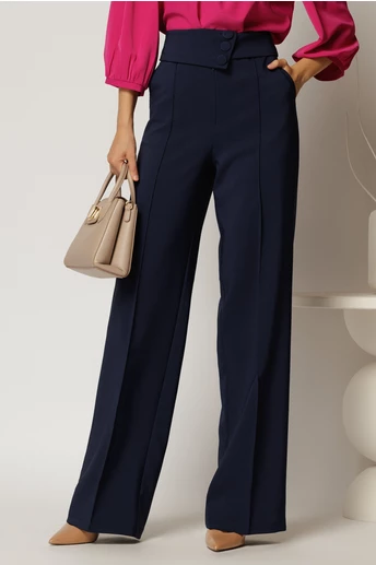 Pantaloni eleganti bleumarin cu 3 nasturi si croi evazat