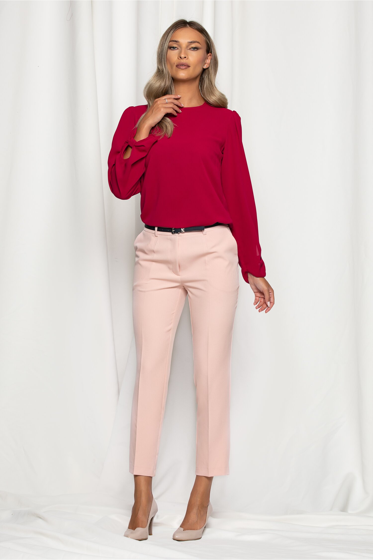 Pantaloni Erika roz deschis cu betelie dubla si buzunare laterale dyfashion.ro imagine 2022 13clothing.ro