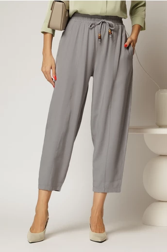 Pantaloni gri de zi din tencel cu snur si elastic pe talie