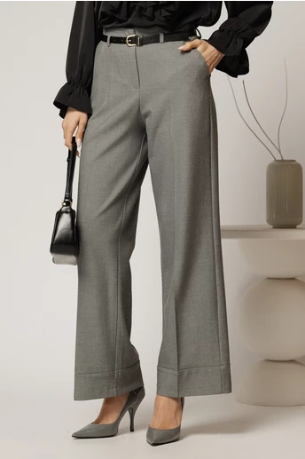 Pantaloni gri din stofa cu croi larg si curea in talie