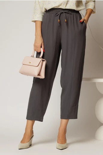 Pantaloni gri petrol de zi din tencel cu snur si elastic pe talie