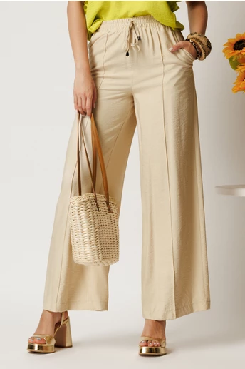 Pantaloni ivory din rayon cu croi lejer si elastic in talie