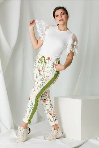 Pantaloni Leonard Collection albi cu imprimeuri florale