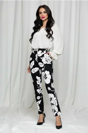 Pantaloni Leonard Collection negri cu imprimeu floral alb