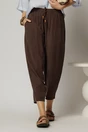 Pantaloni maro de zi din tencel cu snur si elastic pe talie, 1, dyfashion.ro