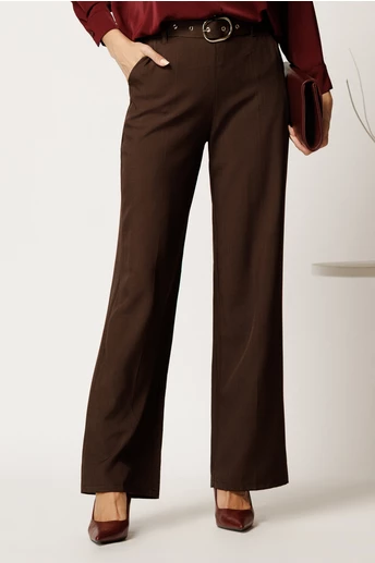 Pantaloni maro din stofa cu croi drept si curea in talie