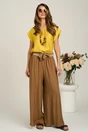 Pantaloni maro evazati din viscoza cu elastic si cordon in talie, 1, dyfashion.ro