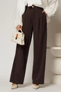 Pantaloni maro inchis din triplu voal cu pliuri si croi lejer, 1, dyfashion.ro