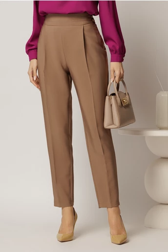 Pantaloni maro negri croi conic si nasturi pe talie