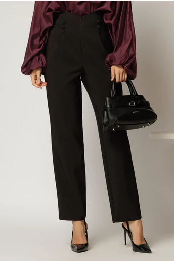 Pantaloni negri conici cu nasturi decorativi pe talie