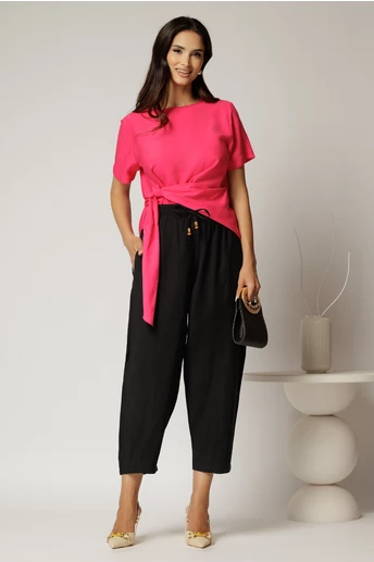 Pantaloni negri de zi din tencel cu snur si elastic pe talie