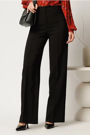 Pantaloni negri din stofa evazati cu dunga