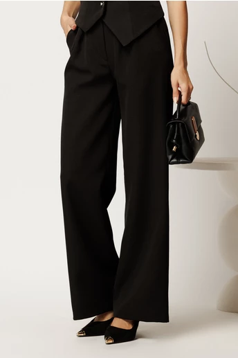 Pantaloni negri din stofa lejeri cu buzunare si snur decorativ in talie