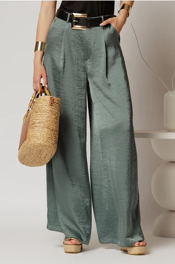 Pantaloni palazzo kaki din satin
