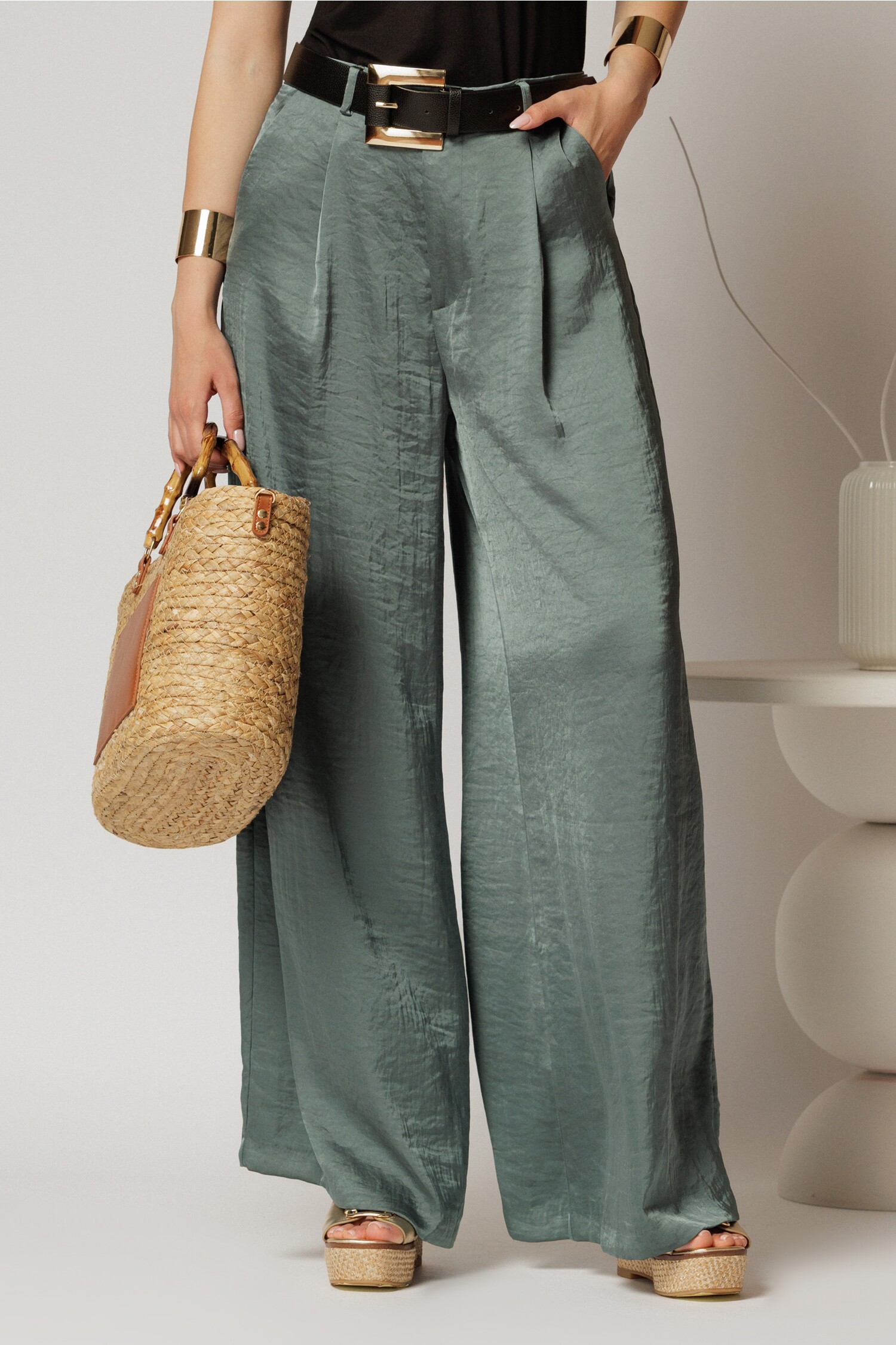 Pantaloni palazzo kaki din satin