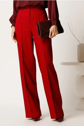 Pantaloni rosii din stofa evazati cu dunga
