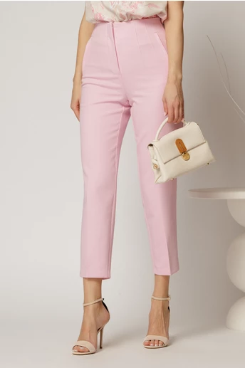 Pantaloni roz cu croi conic si talie inalta