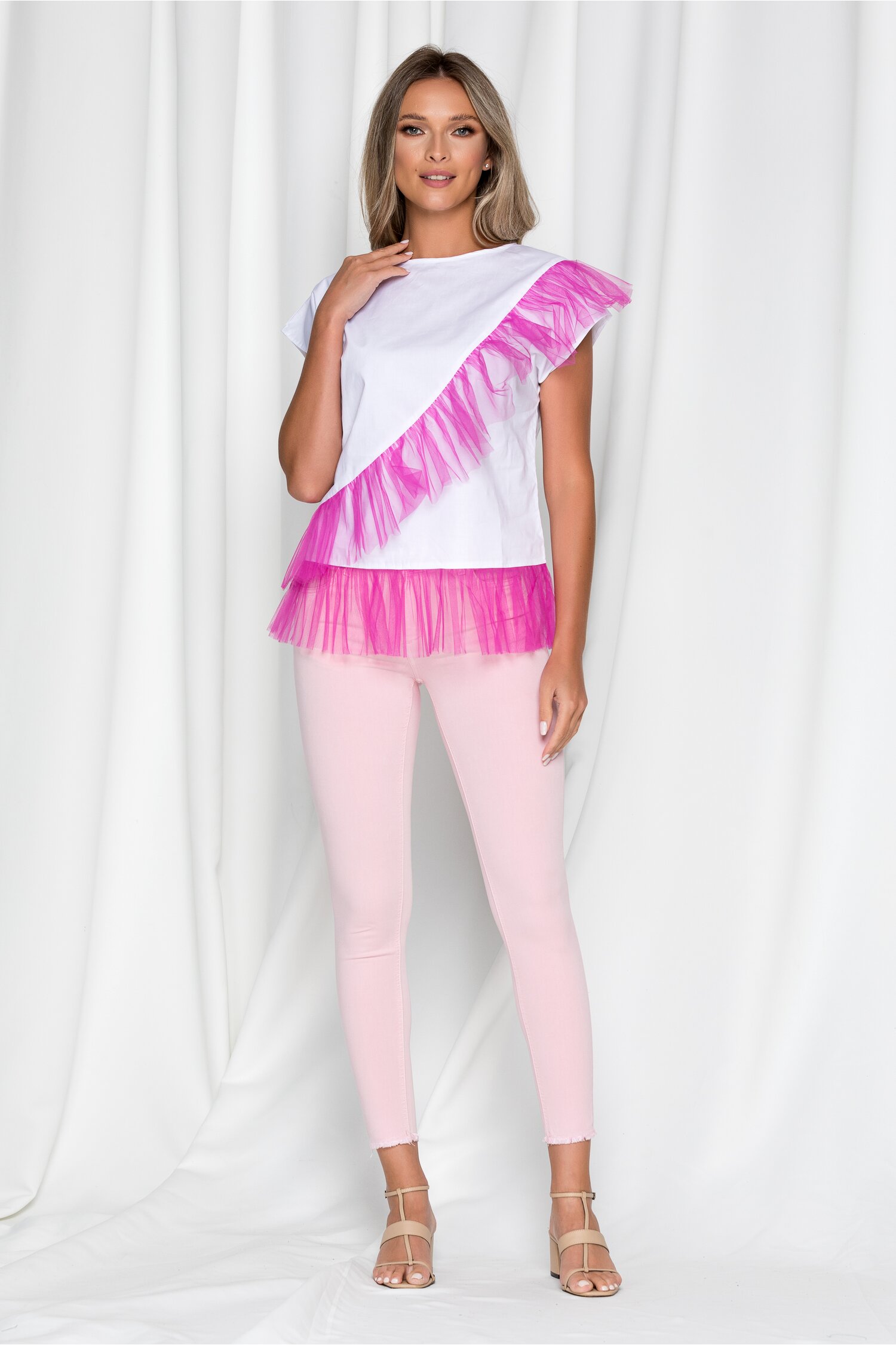 Pantaloni roz din denim cu baza nefinisata 2023 ❤️ Pret Super dyfashion imagine noua 2022