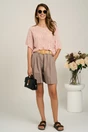 Pantaloni scurti maro din in cu croi lejer si curea in talie, 1, dyfashion.ro