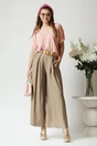 Pantaloni smart-casual din in bej cu pliuri si curea in talie
