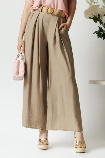 Pantaloni smart-casual din in bej cu pliuri si curea in talie