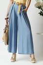 Pantaloni smart-casual din in bleu cu pliuri si curea in talie