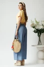 Pantaloni smart-casual din in bleu cu pliuri si curea in talie