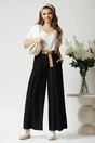 Pantaloni smart-casual din in negri cu pliuri si curea in talie