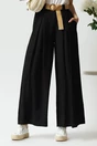 Pantaloni smart-casual din in negri cu pliuri si curea in talie