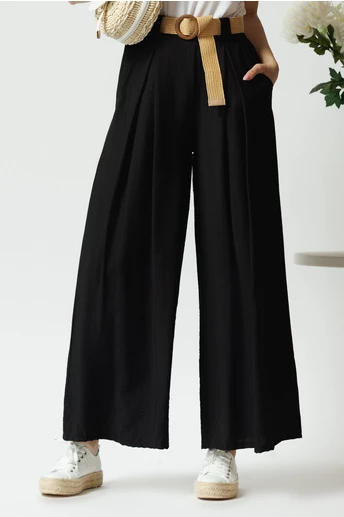 Pantaloni smart-casual din in negri cu pliuri si curea in talie