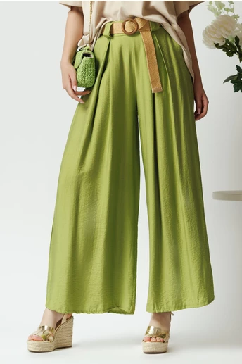 Pantaloni smart-casual din in verzi cu pliuri si curea in talie