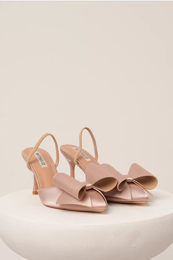 Pantofi bej eleganti din satin cu funda maxi