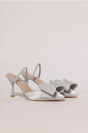 Pantofi bleu din material satinat cu funda maxi stralucitoare