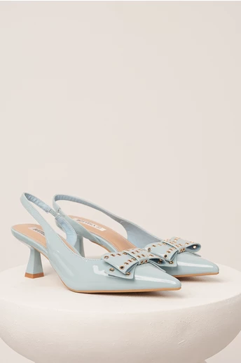 Pantofi bleu din piele ecologica lacuita cu funda si capse