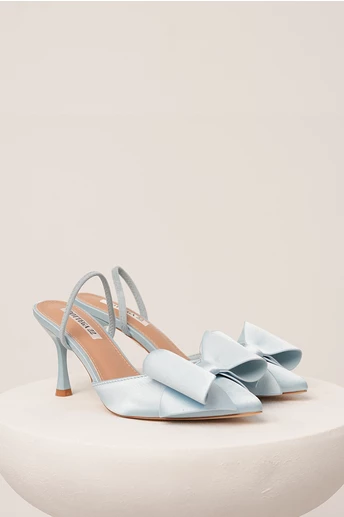 Pantofi bleu eleganti din satin cu funda maxi