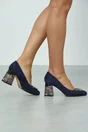 Pantofi bleumarin cu imprimeu colorat pe toc si aplicatie pe varf