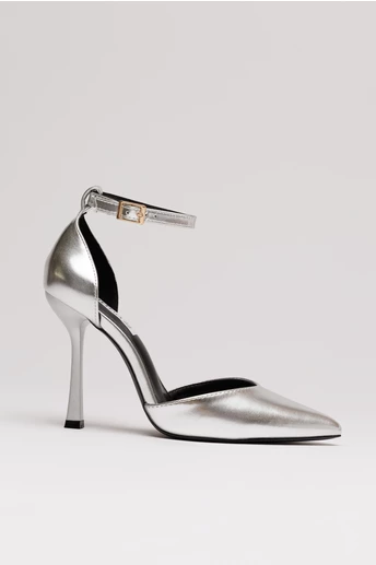 Pantofi eleganti argintii din piele ecologica cu bareta