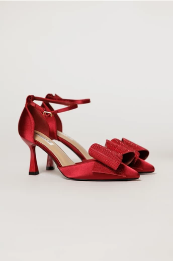 Pantofi eleganti bordo din material satinat cu funda maxi stralucitoare