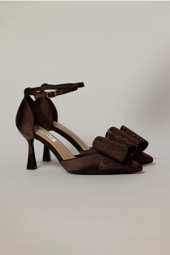 Pantofi eleganti maro din material satinat cu funda maxi stralucitoare