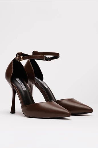 Pantofi eleganti maro din piele ecologica cu bareta