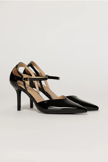 Pantofi eleganti negri aspect lucios cu bareta si decupaj lateral