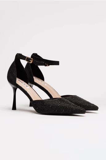 Pantofi eleganti negri cu pietre si perle decorative