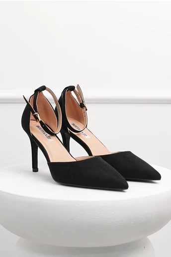 Pantofi eleganti negri din piele ecologica intoarsa cu bareta