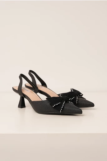 Pantofi negri eleganti cu glitter si funda pe varf