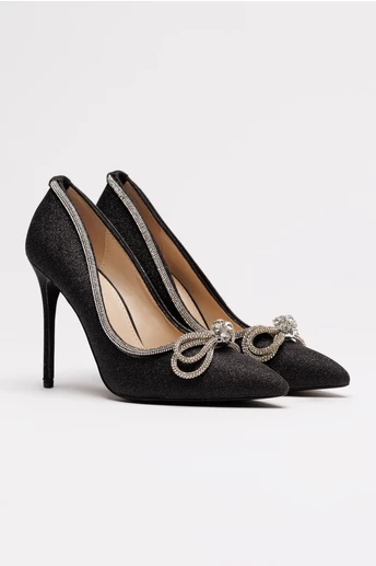 Pantofi negri eleganti cu glitter si funda stralucitoare pe varf
