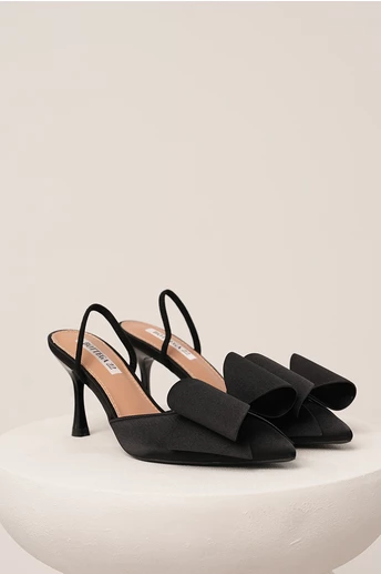 Pantofi negru eleganti din satin cu funda maxi