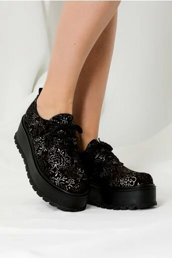 Pantofi oxford negri cu imprimeuri florale gri