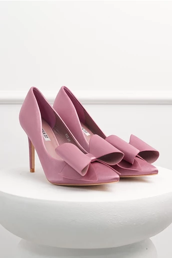 Pantofi roz din material satinat cu funda maxi pe varf