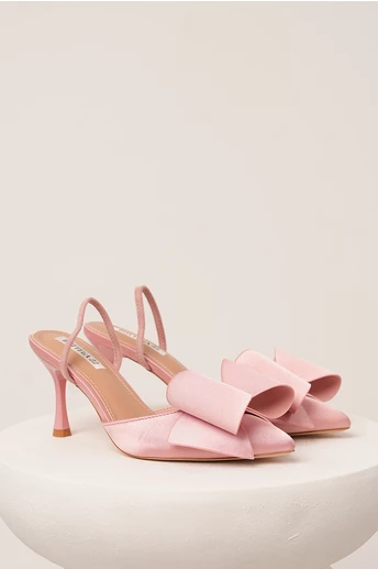 Pantofi roz eleganti din satin cu funda maxi