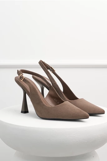 Pantofi taupe din piele ecologica intoarsa cu bareta